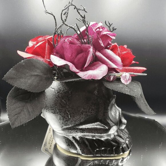Darksome Gothic Skull Arrangement Floral Red Pink Rose Flower Gems Arrangement - Picture 6 of 8